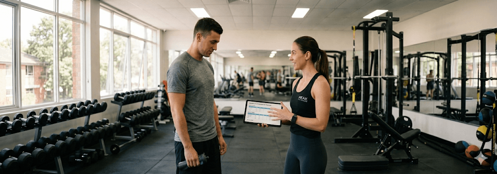 Fitness coach reviewing a personalized workout plan on a tablet with a client