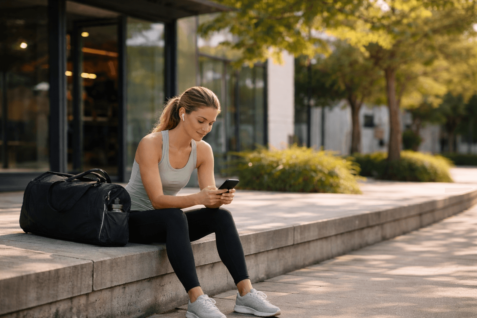 Person checking their phone as part of a sustainable fitness routine